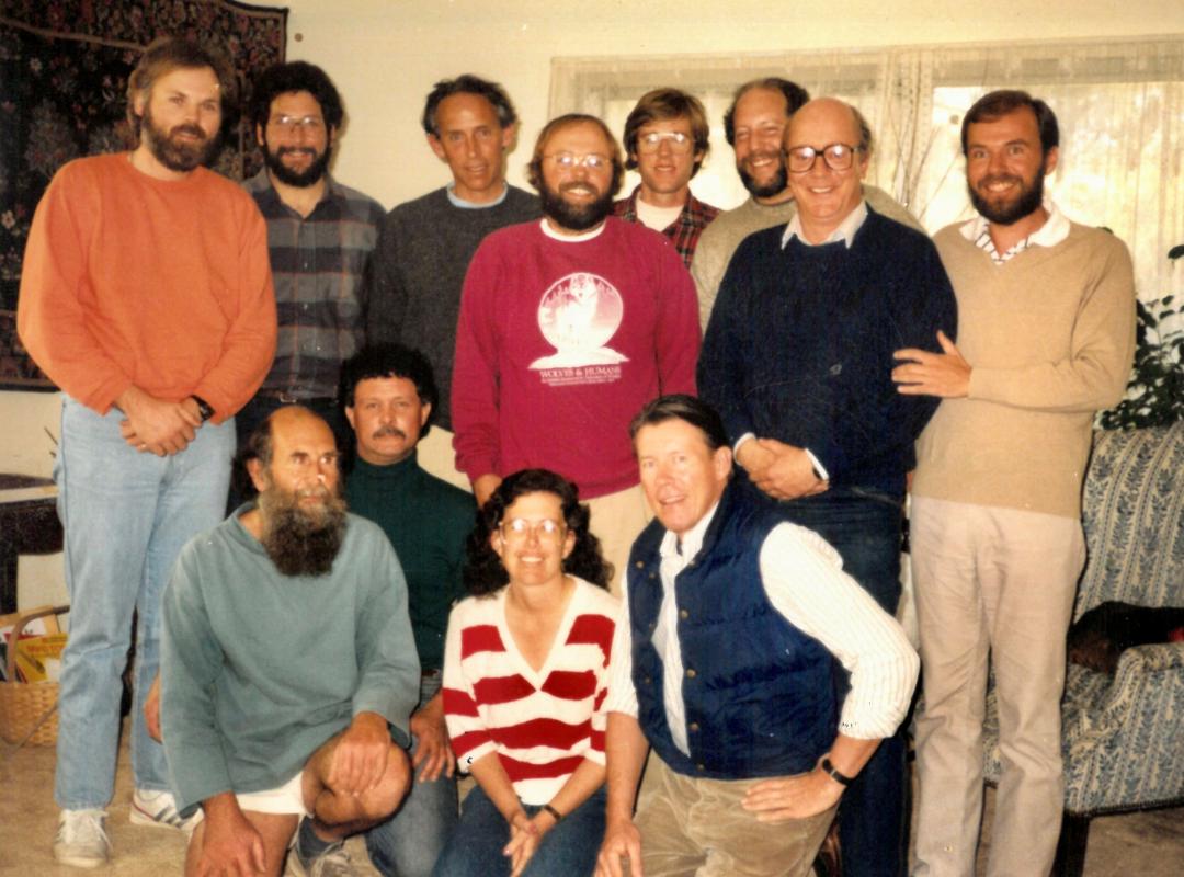 December 1986 WINGS Leader meeting - (L to R) Stu Tingley, Gary Rosenberg, Will Russell, Jon Dunn, David Sibley, Bob Behrstock, Peter Grant, David Fisher. Seated: Bryan Bland, Rich Stallcup, Susan Allen, and Davis Finch