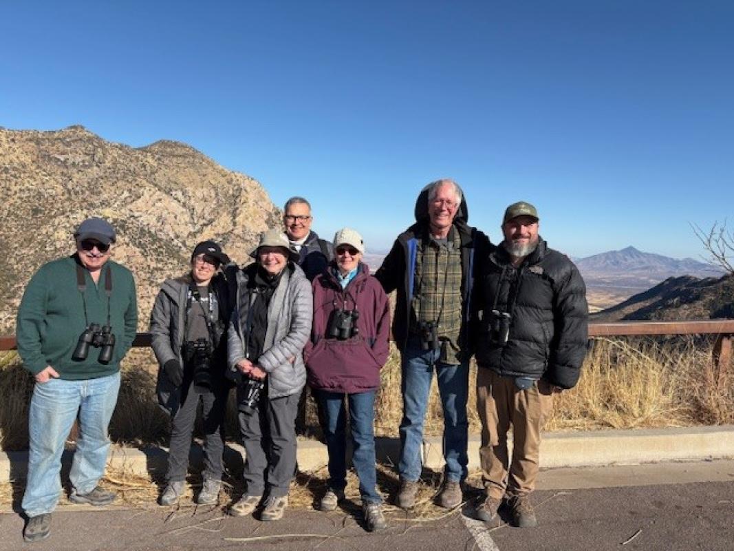 Our group on Montezuma Pass.  We just completed an incredible week of birding and sightseeing throughout the southeastern portion of Arizona. A sampling of hotspots included Portal in the Chiricahuas, Patagonia Lake State Park, and the Huachuca Mountains all the way up to Montezuma Pass. 