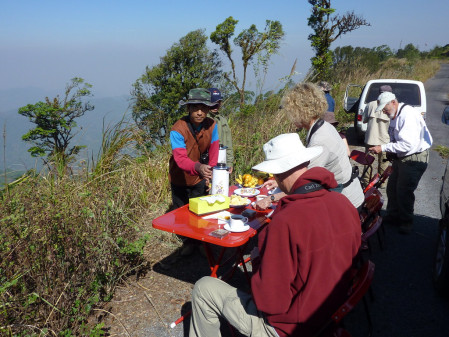 Having a snack on Doi Lang in the far north of Thailand.  The Myanmar (Burma) border is perhaps only a hundred yards downslope.