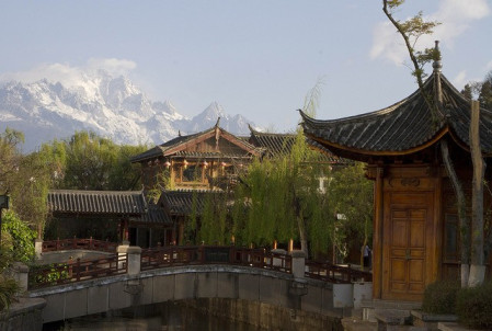 The skyline at Lijiang in northern Yunnan is dominated by the majestic Yuelong Snow Mountain.